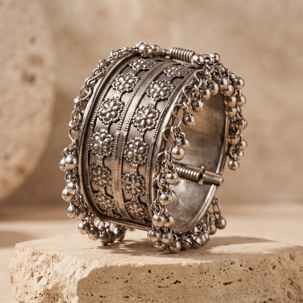Heritage Floral Oxidised Ghungroo Cuff Bracelet