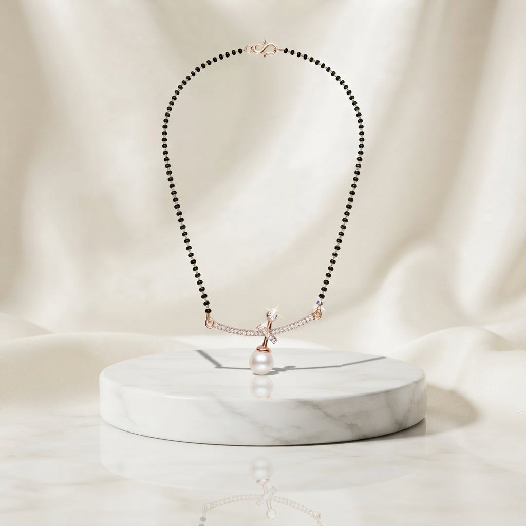 Pearl Grace Rose Gold Mangalsutra for Women | CZ Crystal & Pearl Pendant Black Bead Necklace