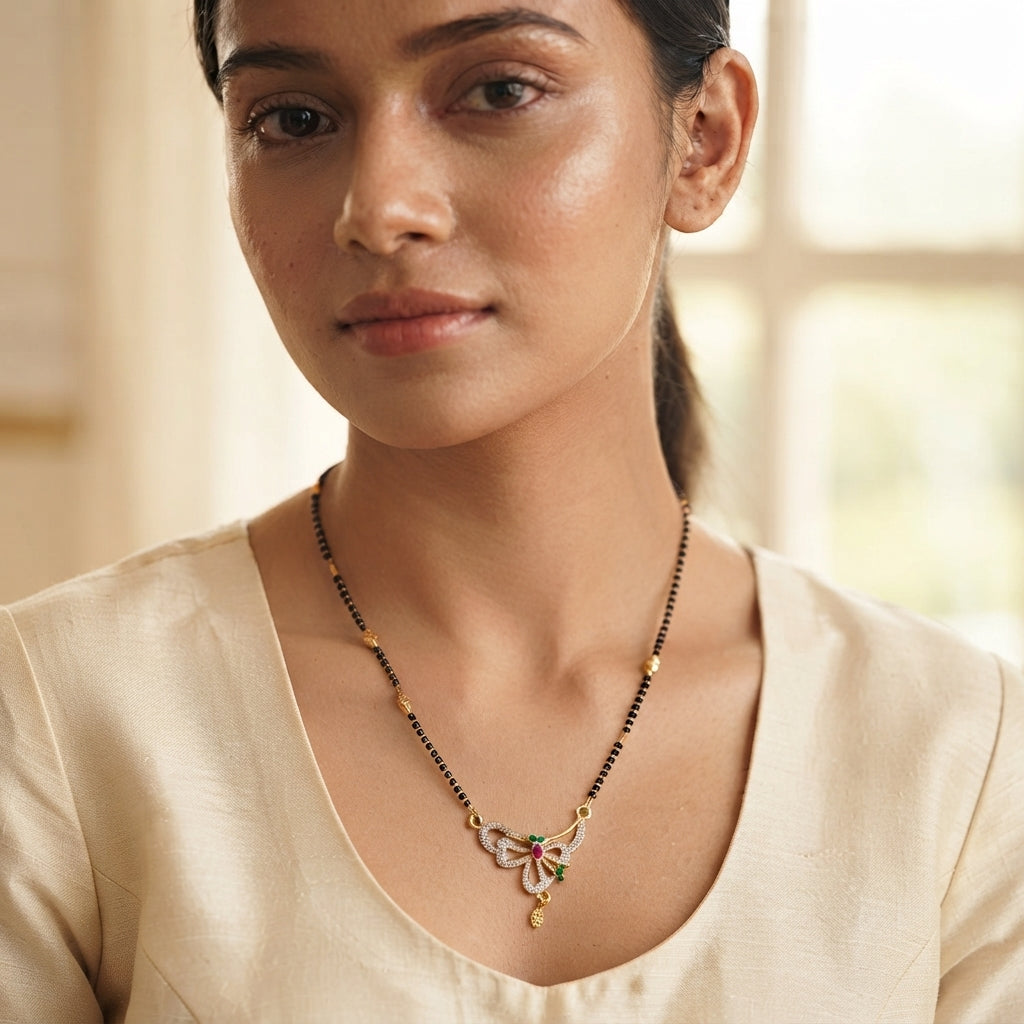 Zelya Anti-Tarnish Gold Mangalsutra | Elegant Floral Pendant with Black Beads