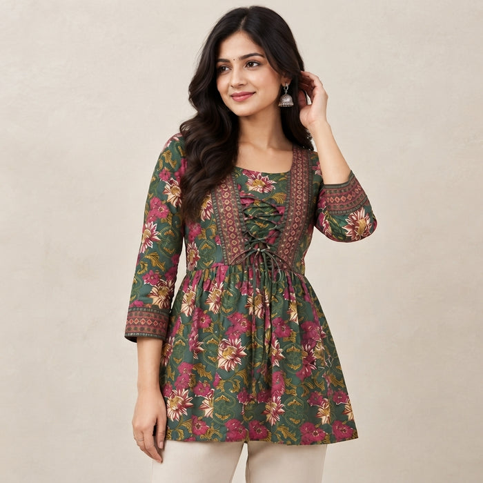 Women’s Green Floral Printed Short Kurti with Waist Tie-Up & 3/4 Sleeves