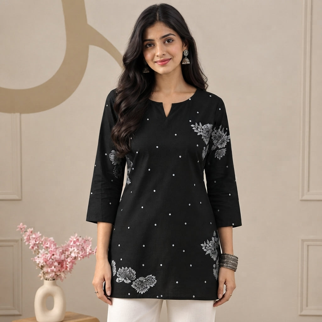 Women’s Black Floral Printed Short Kurti with 3/4 Sleeves