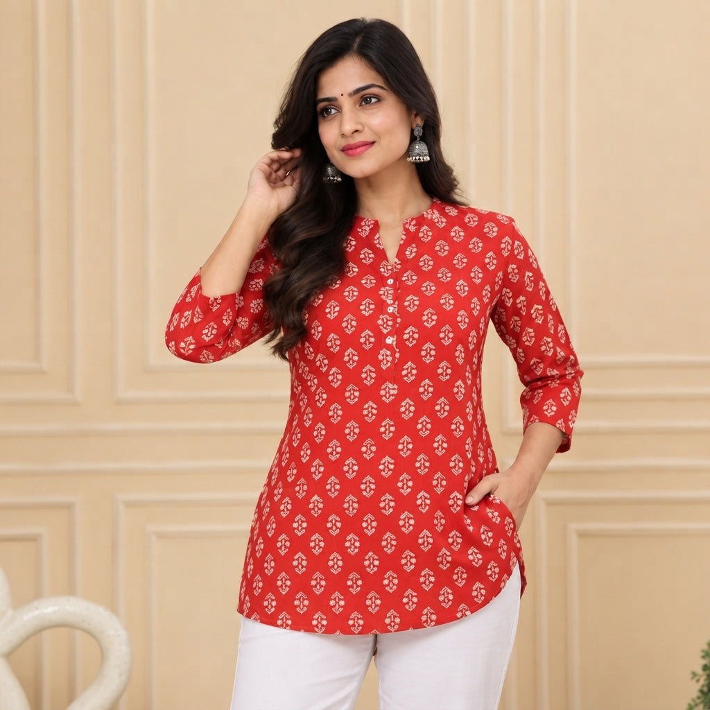 Red Floral Printed Taj Cotton Short Kurti