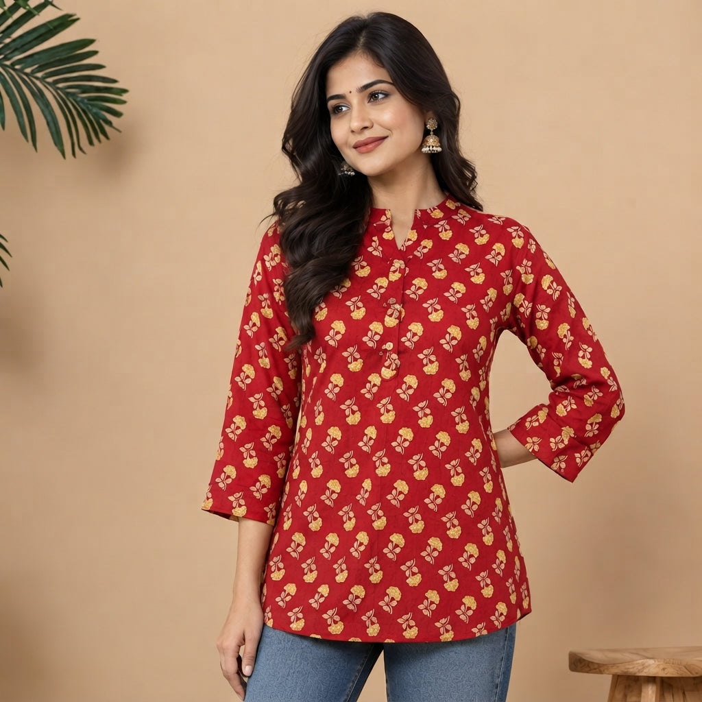 Red Floral Printed Taj Cotton Short Kurti