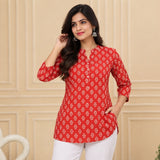 Red Floral Printed Taj Cotton Short Kurti