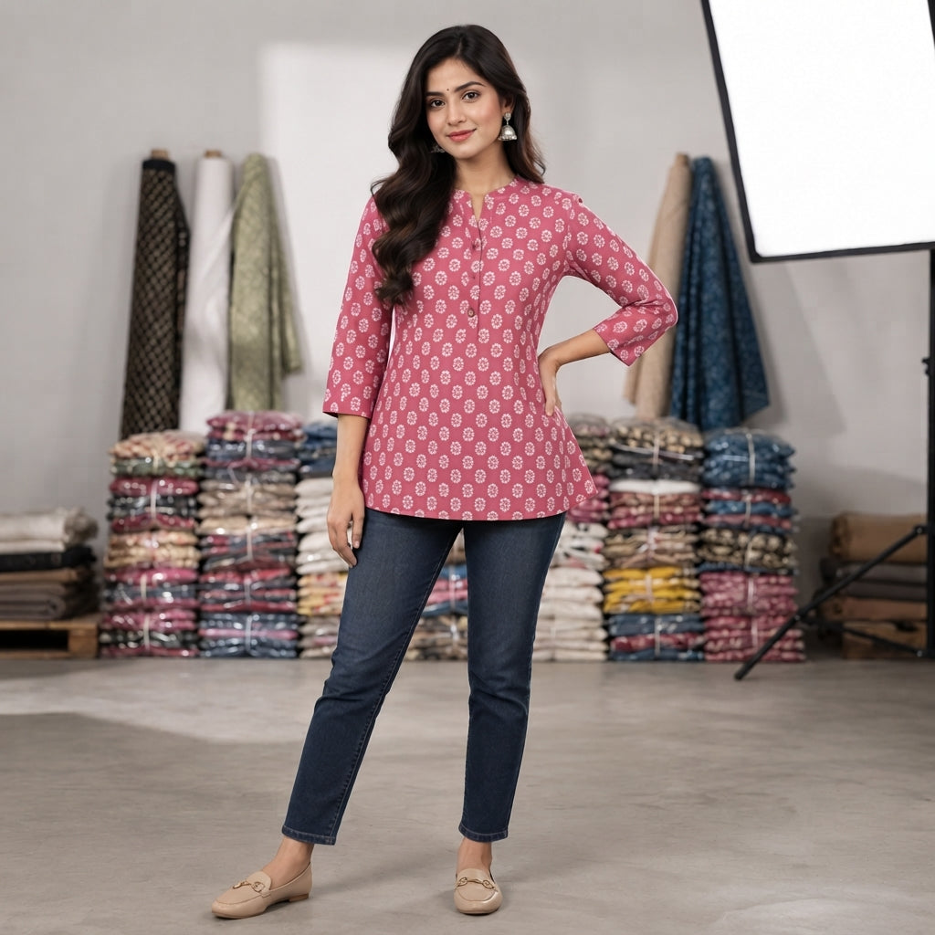Pink Floral Printed Taj Cotton Short Kurti
