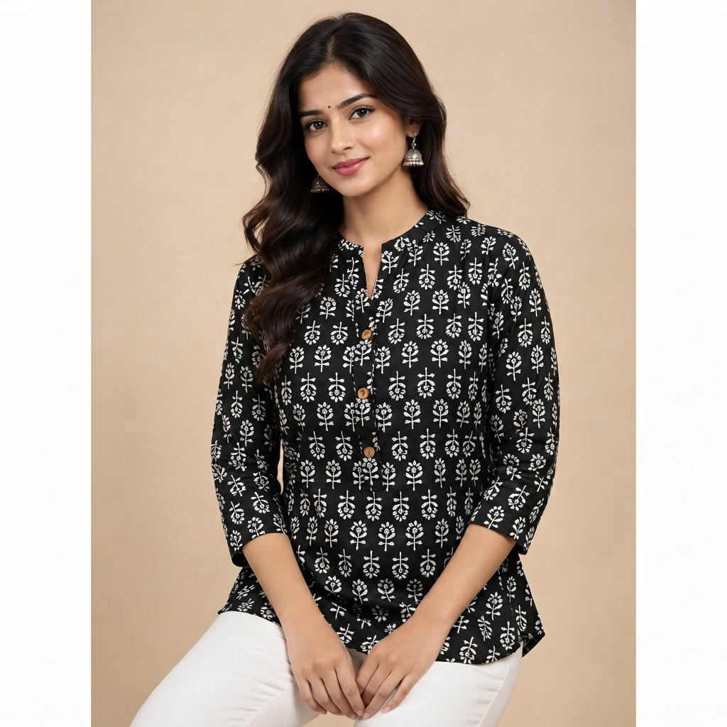 Zelya Black Floral Printed Taj Cotton Short Kurti