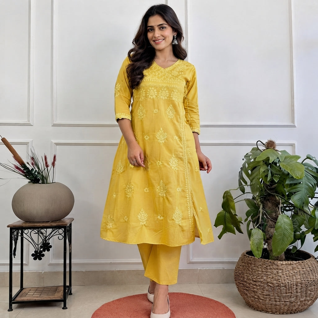 Women’s Yellow Embroidered Angrakha Kurta Set with Pants