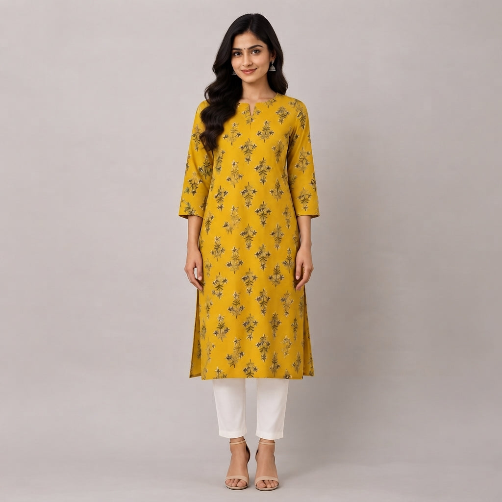 Women’s Mustard Yellow Floral Printed Straight Kurti