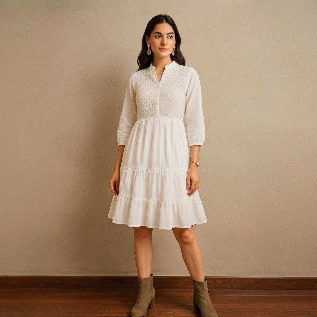 Women’s Ivory White Tiered Flared One Piece Dress with Mandarin Collar