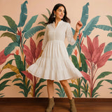 Women’s Ivory White Tiered Flared One Piece Dress with Mandarin Collar