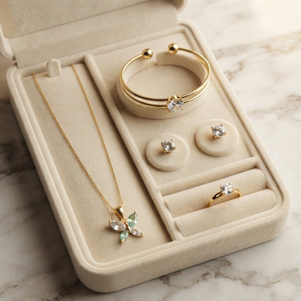 Butterfly Crystal 4-Piece Gold Jewellery Gift Set | Necklace, Bracelet, Ring & Stud Earrings