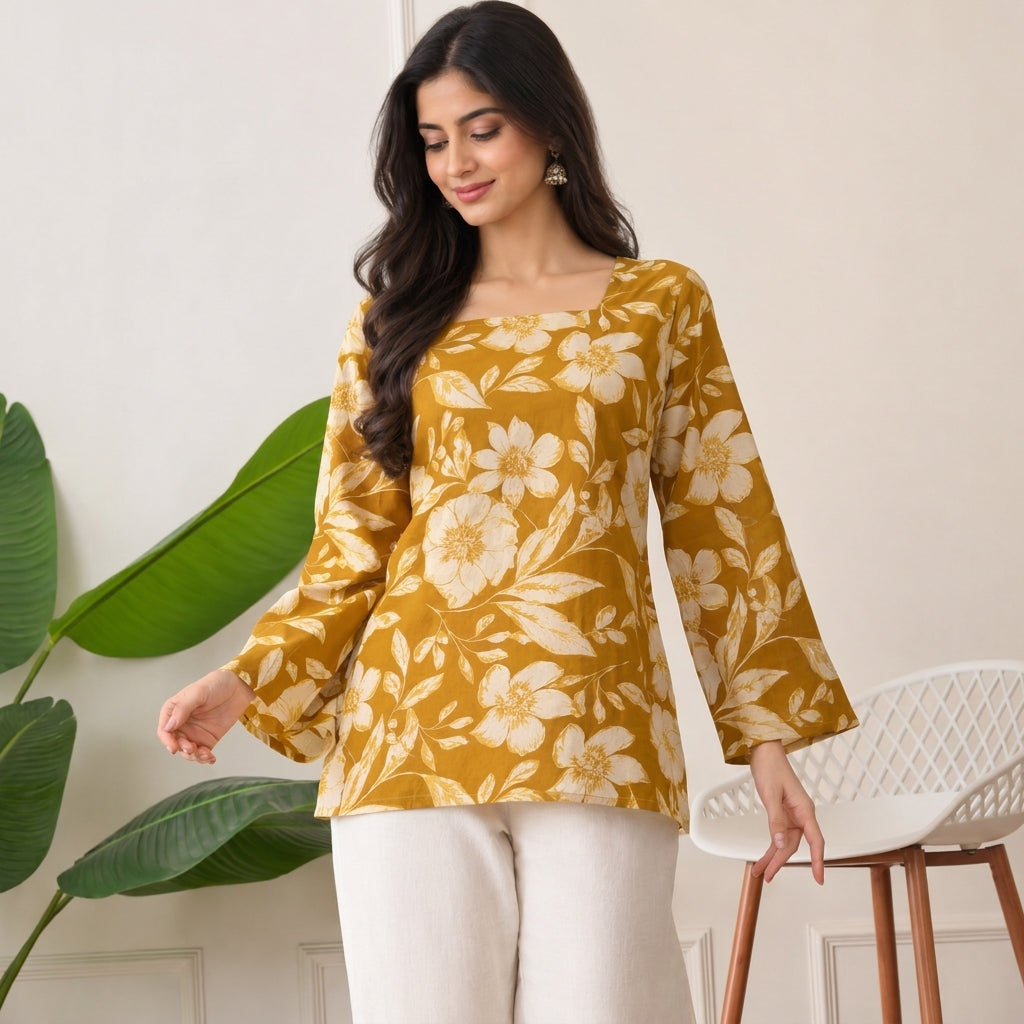 Mustard Bloom Taj Cotton Lace-Up Short Kurti