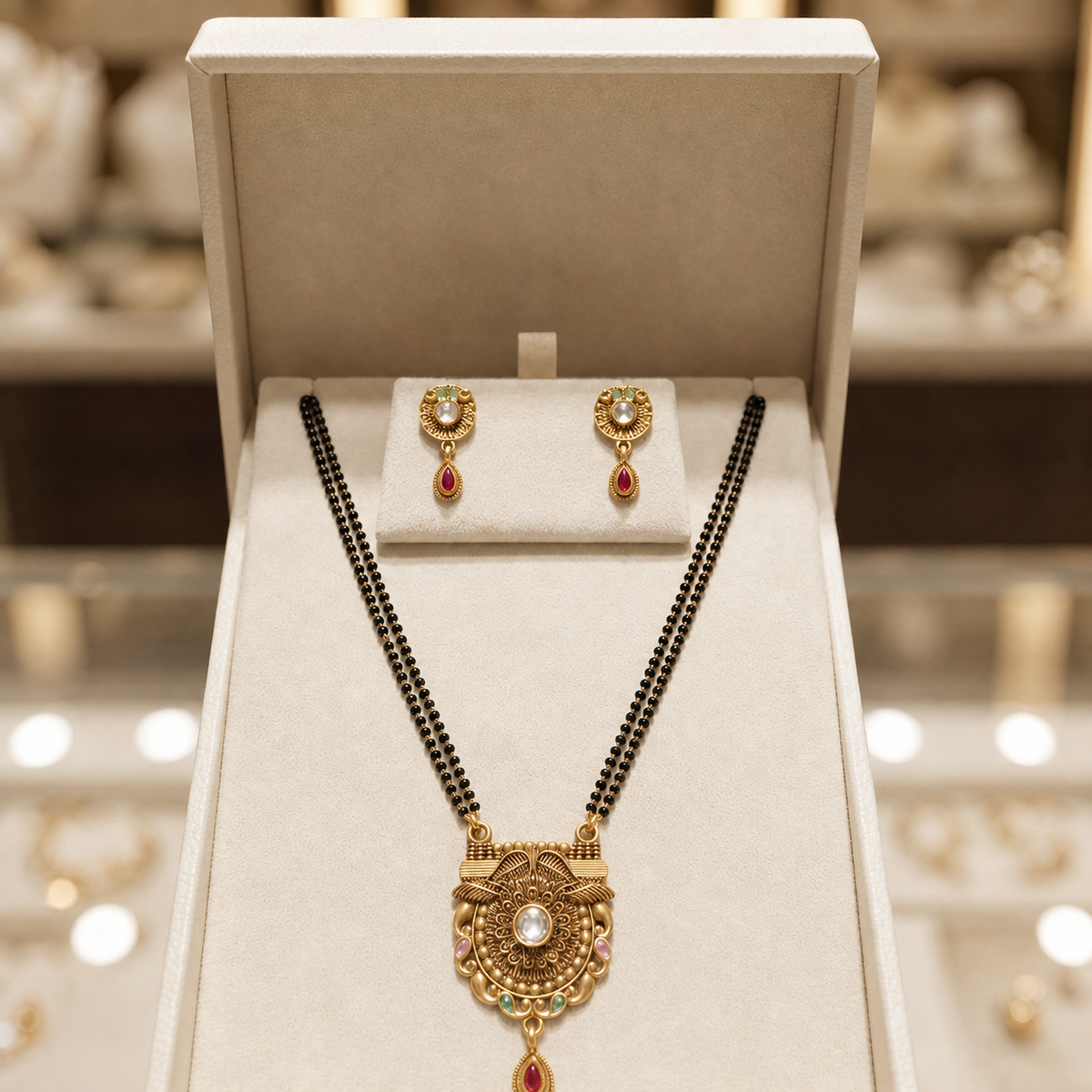 Royal Heritage Mangalsutra & Earrings Set for Women | Traditional Temple Design Gold Pendant with Matching Stud Earrings