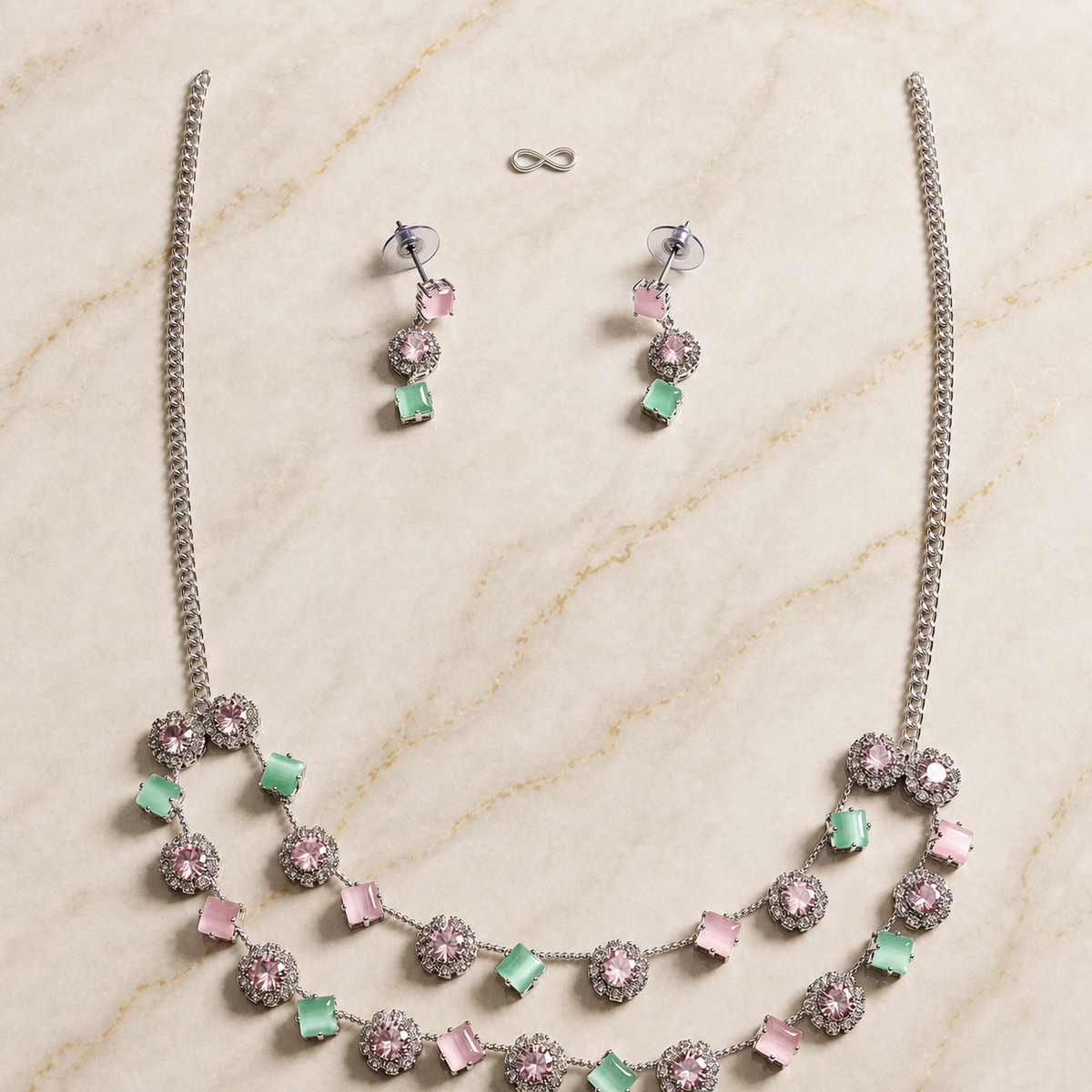 Zelya Pastel Crystal Dual Layer Necklace Set with Matching Earrings