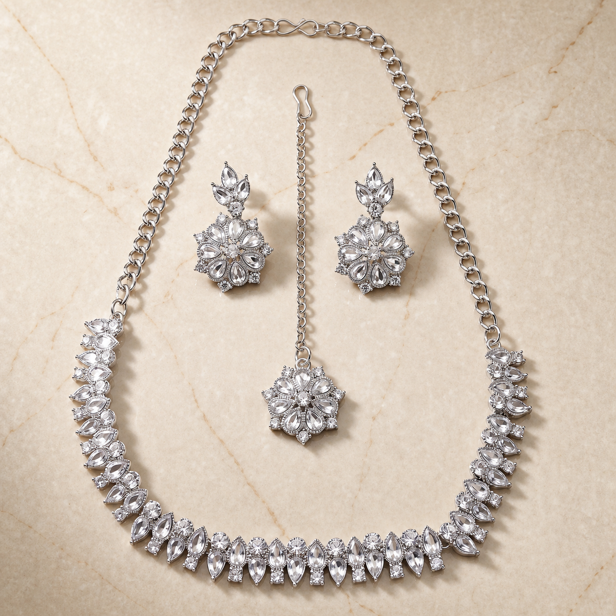 Zelya Silver Crystal Floral Necklace Set with Earrings & Maang Tikka for Women