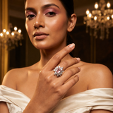 Blush Pink Floral Statement Ring for Women | Adjustable Crystal Cocktail Ring | Silver Finish Luxury Ring