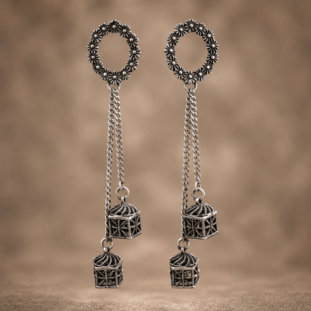 Oxidized Floral Chain Drop Earrings for Women | Traditional Antique Silver Earrings