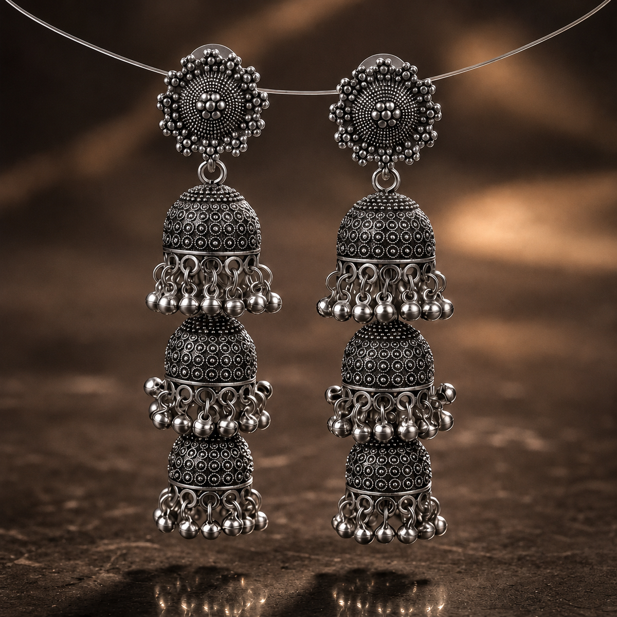 Oxidized Triple Layer Jhumka Earrings for Women | Traditional Antique Silver Statement Earrings
