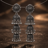 Oxidized Triple Layer Jhumka Earrings for Women | Traditional Antique Silver Statement Earrings