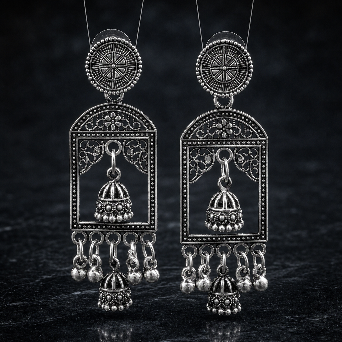 Oxidized Temple Jhumka Drop Earrings for Women | Traditional Antique Silver Earrings