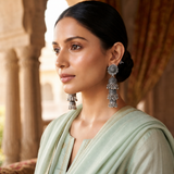 Oxidized Triple Layer Jhumka Earrings for Women | Traditional Antique Silver Statement Earrings