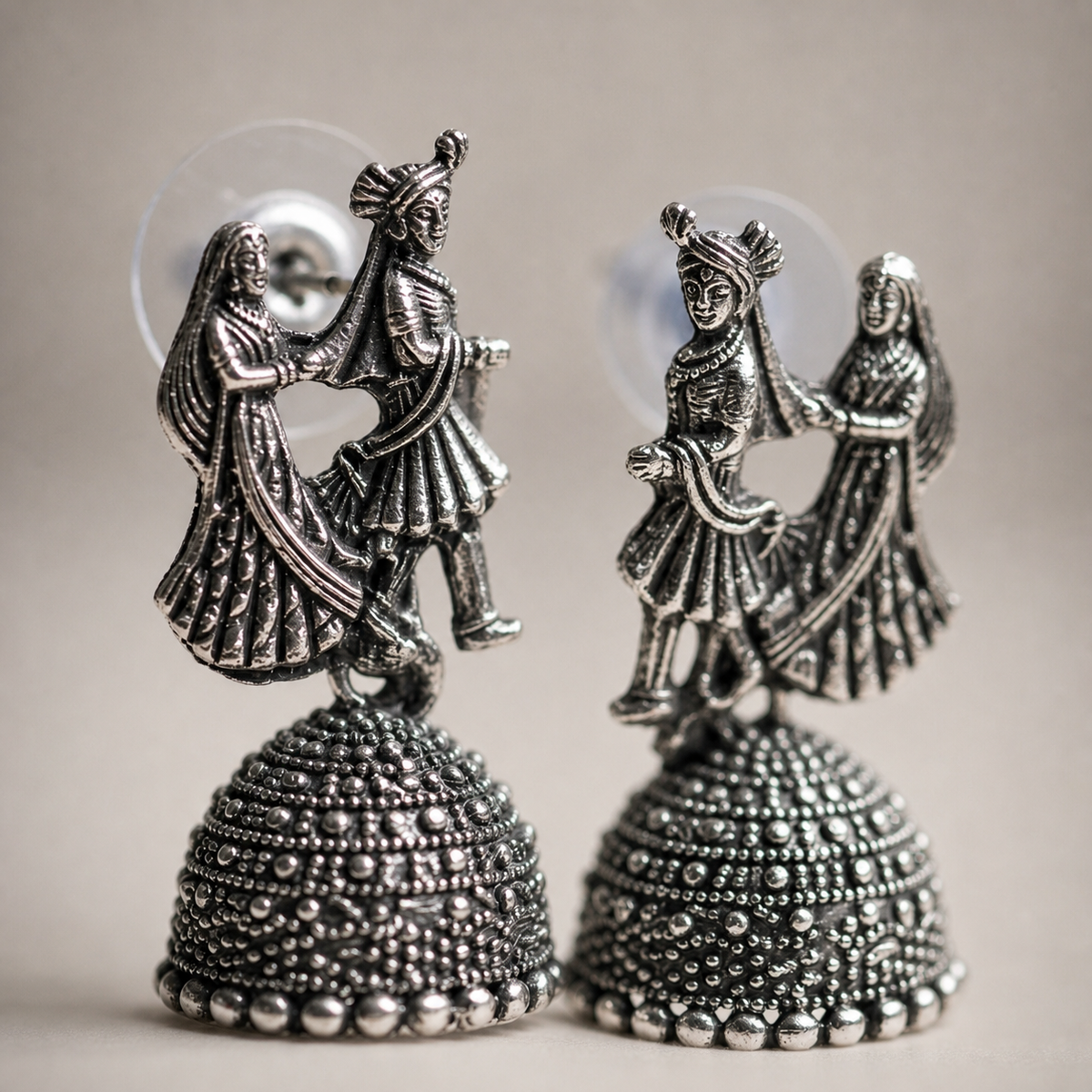 Zelya Oxidized Dancing Couple Jhumka Earrings for Women | Traditional Folk Art Jhumkas