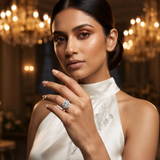 Solitaire Halo Ring for Women | Round-Cut Crystal Statement Ring | Silver Finish Adjustable Ring