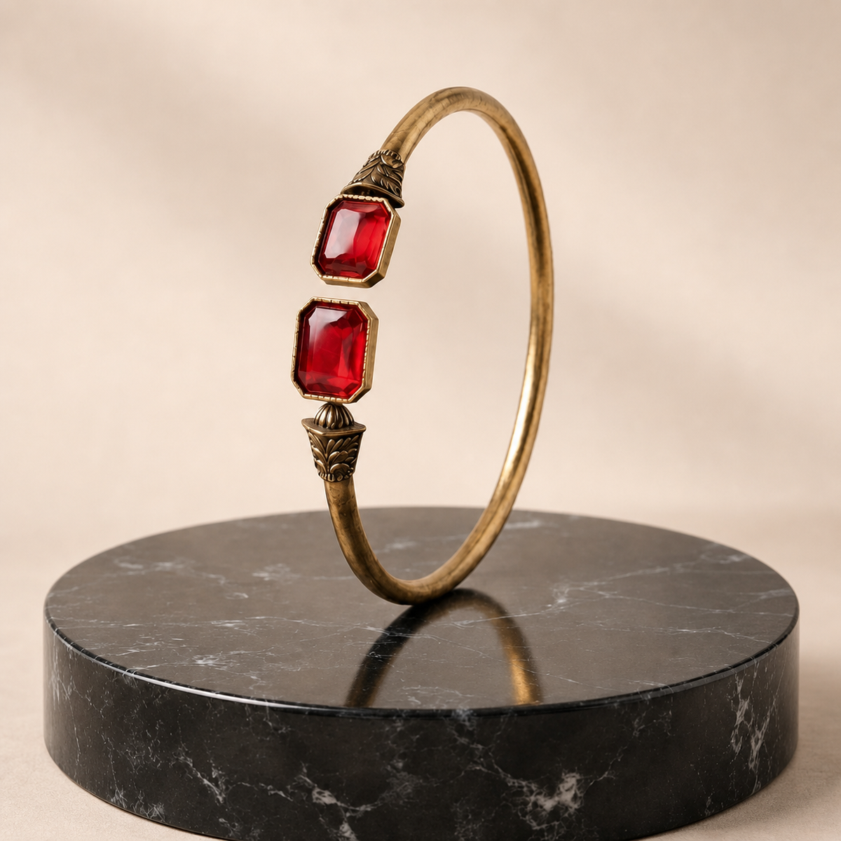 Antique Red Dual Stone Adjustable Cuff Bracelet for Women | Vintage Brass Open Bangle | Ruby Red Stone Bracelet